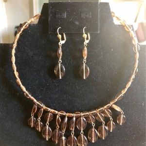 Clear Amber Brown Bead Collar Necklace & Earrings